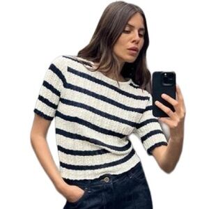 NWT Zara Women’s Navy and Cream Stripe Pointelle Cutwork T-Shirt - size Medium